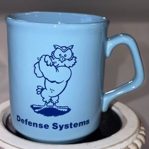 Vintage Defense Systems Blue Ceramic Mug Cartoon Owl Retro 70s Military Promo